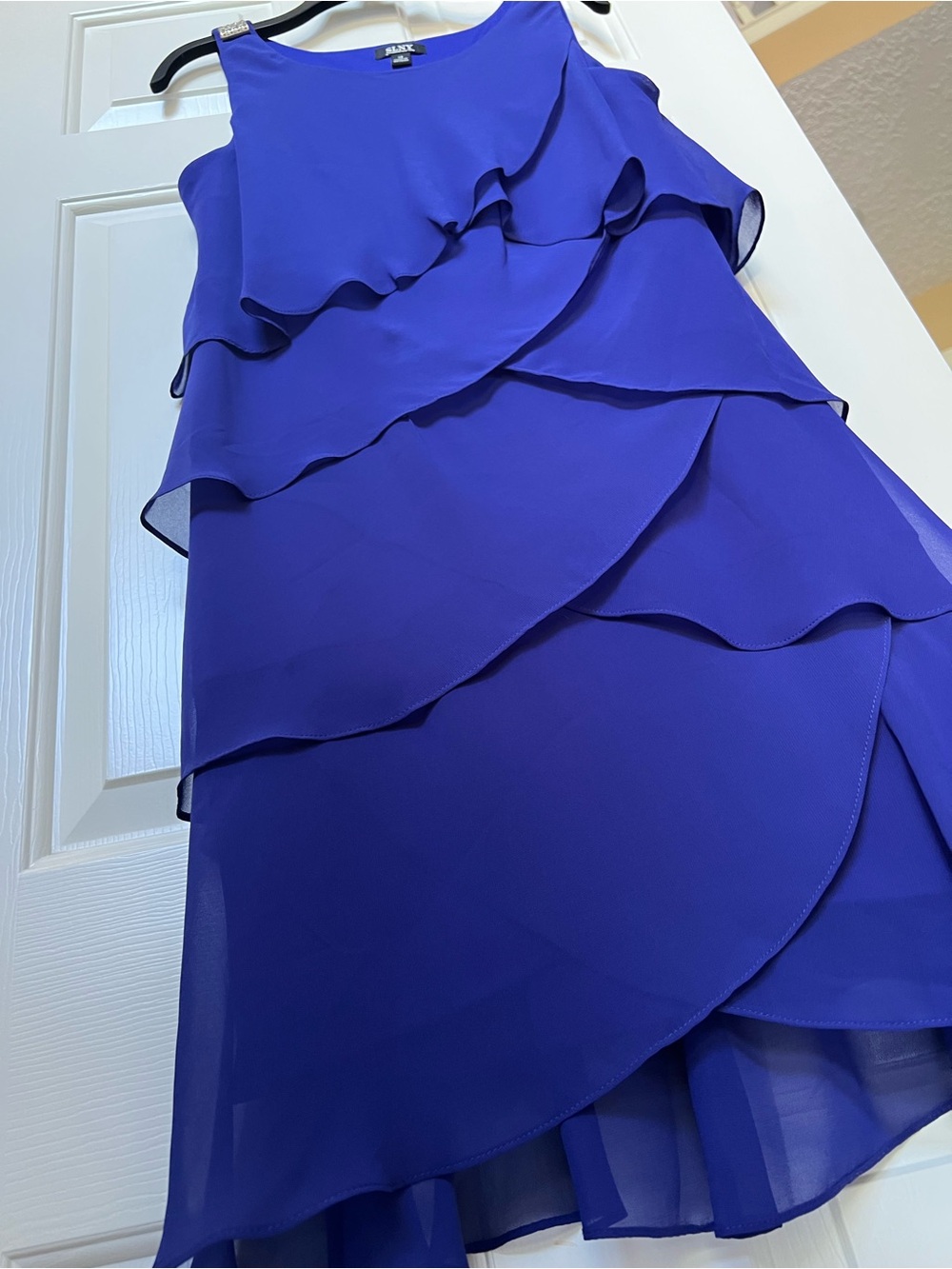 SLNY Royal Blue Chiffon Tiered Ruffle Dress Rhinestone Shoulder Size 14